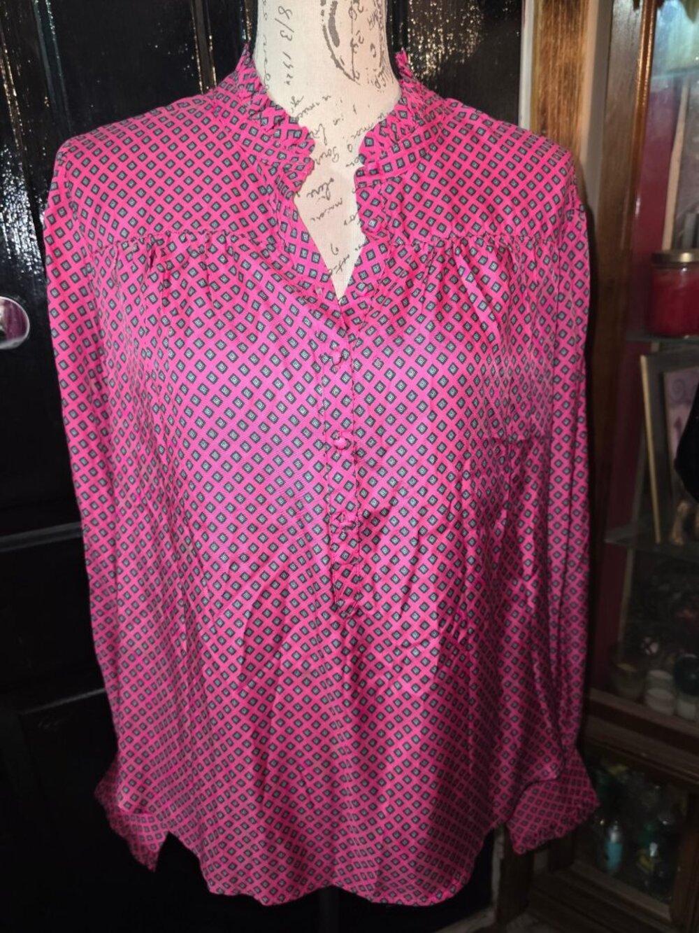 Vineyard Vines Womens Twill Ruffle Collar Pink Diamond Print Silk Blend Blouse L